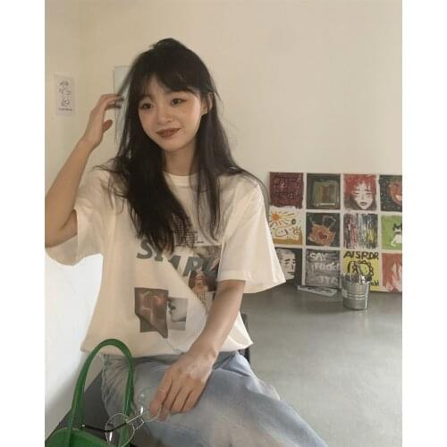 2021 summer new t-shirt womens mid-length letter printing wild loose round neck Harajuku style simple