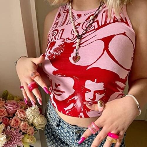 Womens Round Neck Tank Tops, Trendy Portrait Letter Print Sleeveless Slim Fit T-Shirts