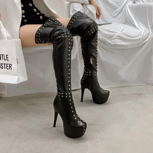 2021 Autumn Winter Ladies Thigh Boots Fashion Rivet Platform Shoes Female Sexy Stiletto High-Heel Zipper Loose Large Size Boots