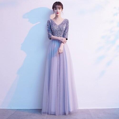 Sequins V-Neck Half Sleeves Evening Dress Zipper Back Simple A-Line New Floor-length Plus size Women Formal Party Dresses C1193