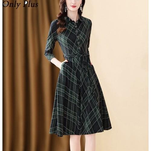 Only Plus Womens Autumn 2021 New Style French Plaid Dress Elegant Office Lady Three-quarter Sleeves Mid-length Shirt Vestidos
