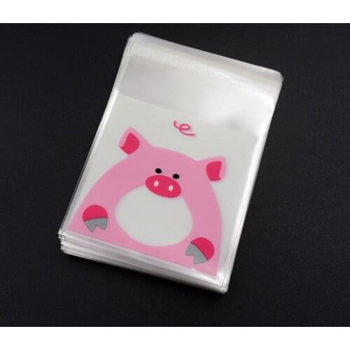 100pcs 7*7+3cm Cute Cartoon Pink Pig Gifts Bags Cookie Packaging Self-adhesive Plastic Bags For Biscuits Candy Food Cake Package