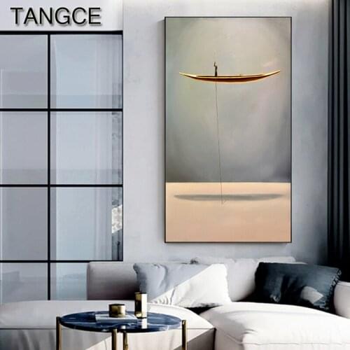 Japanese Style Natural Landscape Golden Boat Painting Creative Nostalgic Poster Print for Living Room Aisle Zen Wall Art Picture