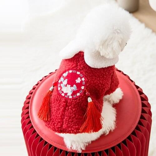 Chinese New Year Dog Clothes Pet Tang Suit Winter Dog Coat Lambswool Embroidered Jacket Spring Festival Cats Costume with Tassel