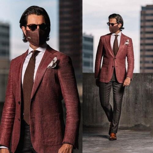 Red Tweed Suit Groom Wear Best Man Wear Tuxedos Wedding Dress Prom Dresses Business Suit Party Suit 2 Pieces (Jacket+Pants)