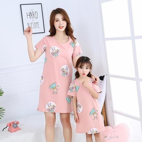Mother Daughter Dresses Summer Cotton Family Matching Outfit Cartoon Dressing Gown Matching Pajamas Short-sleeves Girl Sleepwear