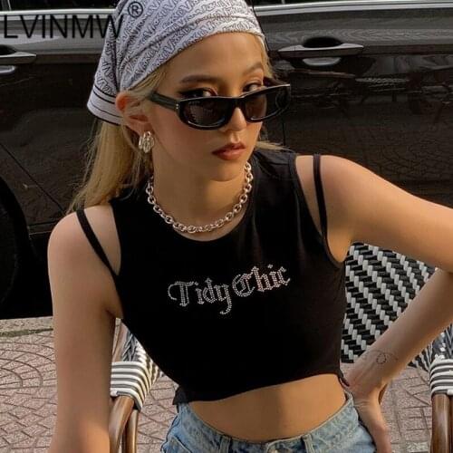 LVINMW Tank Letters Patchwork O Neck Sleeveless Slim Vest Solid Navel Casual Designed Diamonds Women Clothing Irregular Trendy