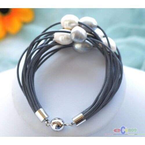 Trendy and fashion 15row 8" 13mm white rice pearl black leather bracelet