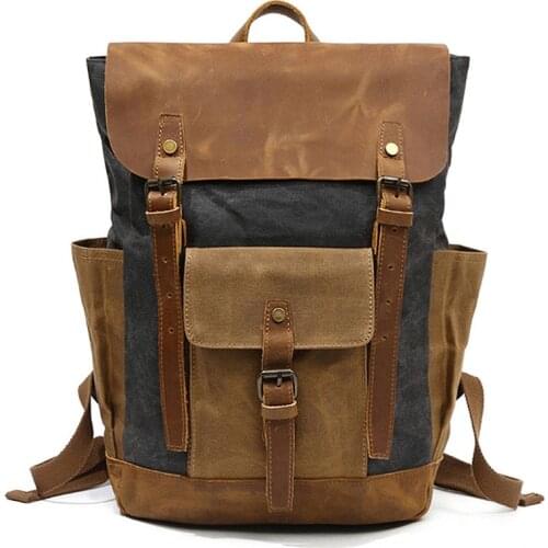 Male Backpack School Bag Men Backpack Travel Waterproof Computer Laptop Bag Vintage Oil Wax Canvas Backpacks Leather Military
