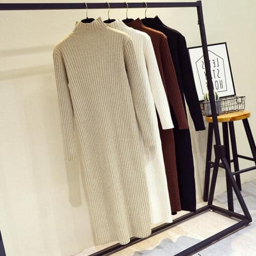 Autumn Winter Sweater Dress Women Elegant Casual Elastic Long Sleeve Knitted Dresses Female Loose Streetwear Warm Pullover Q3131