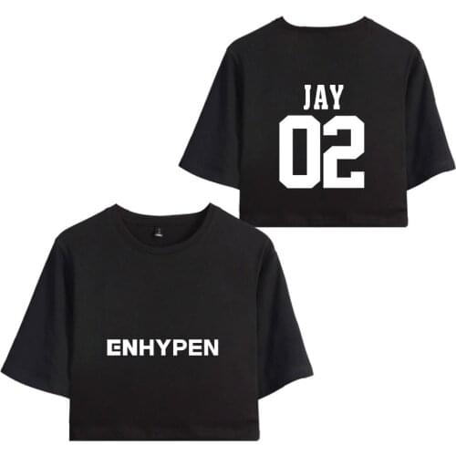Popular Kpop Enhypen Top Exposed navel T-Shirt Oversize O-neck Tops Women Funny Tshirt girls Streetwear Clothing Women Pullover
