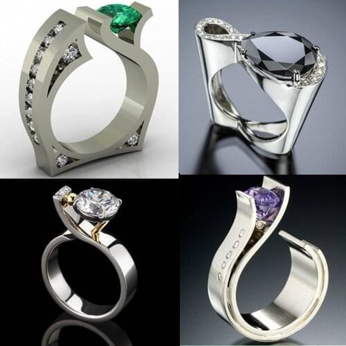 Luxury 2019 New Male Female Black Green Purple Stone Ring Silver Color Wedding Rings Promise Engagement Rings For Men Women Gift