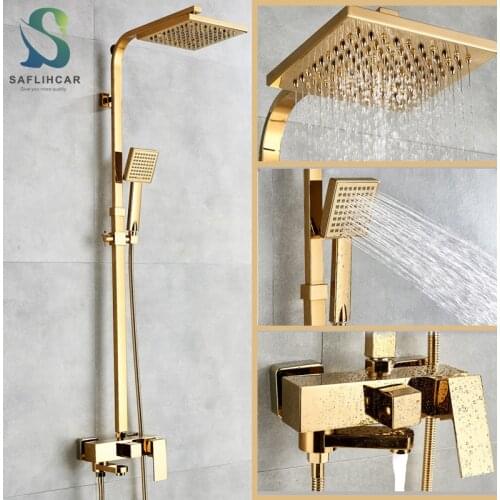 Luxury Gold Shower Faucet 8‘’Rainfall Thick Top Spray 3-way Hot Cold Water Mixer Tap Wall Mounted Shower System Kit Sliding Bar