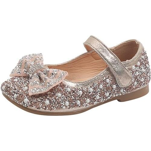 Girls Princess Shoes Leather Shoes 2021 Autumn New Pearl Single Shoes Soft Sole Children Crystal Bow-knot Sequined Hot Flats