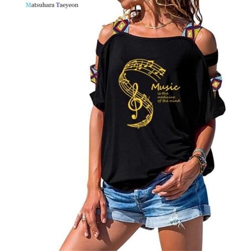 Women T Shirt Summer Music Is The Medicine Of The Mind Print Tshirt Casual Cotton T-shirt Femme Tshirs Hollow Out Shoulder