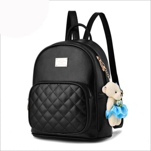 Diamond Lattice womens small backpacks mini bear ornament oval backpack Japan and Korean style leather backpacks