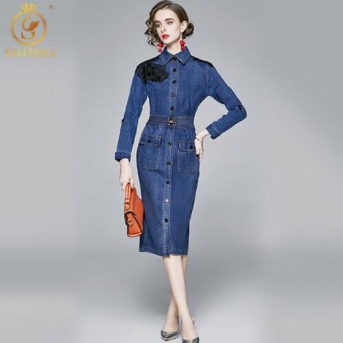 Women Autumn And Winter Vintage Denim Dresses High Quality Long Sleeve Elegant Designer Runway Single-Breasted Blue Vestidos