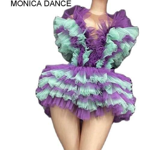 Women Sexy Stage Party Mesh Purple Tutu Dresses Birthday Wedding Dress for Women Sleeveless Nightclub DJ Stage Wear Dance Dress