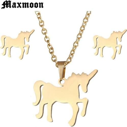 Maxmoon Unicorn Stainless Steel Jewerly Sets for Women Gold Color Necklace Earrings Set Jewelry conjunto collar y pendientes