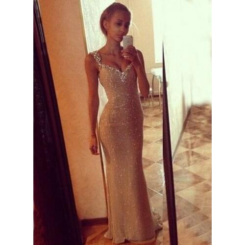 Vestidos de fiesta Mermaid Cap Sleeve Sheath Evening Dress Sleeveless Long Prom Dress 2015 Crystal New Arrival