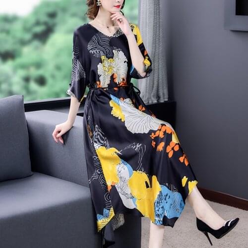 Spring Vintage Black Print 4XL Plus Size Vestidos 2021 Summer Casual Floral Mulberry Silk Midi Dress Elegant Women Bodycon Dress