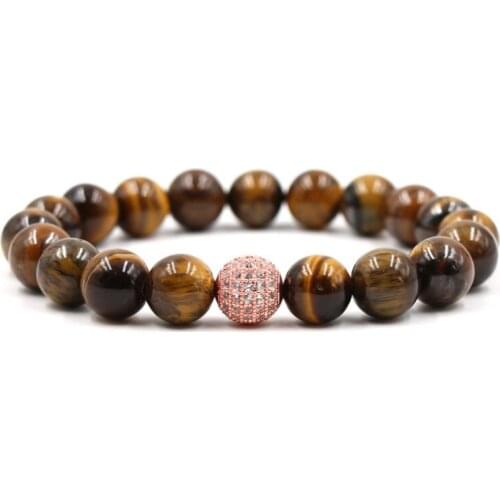 10mm yiyu6 elastic adjusted nature yellow Tigereye bead micro pave cz zircon cubic zirconia ball Bracelet