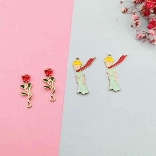 10pcs Little Prince & Roses Enamel Charms Metal Boy Flowers Pendants DIY Earring Bracelet Jewelry Accessories Girls Gifts FX385