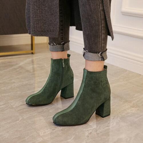 2020 green round toe chunky high heels fleece inside womens boots zipper fashion female ankle boots winter shoes big size 44 45