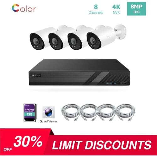 8 Channel 4K IP PoE Security Camera System 8ch 4K NVR and 8 8MP Colorful Night View Bullet PoE IP Cameras with 4TB HDD