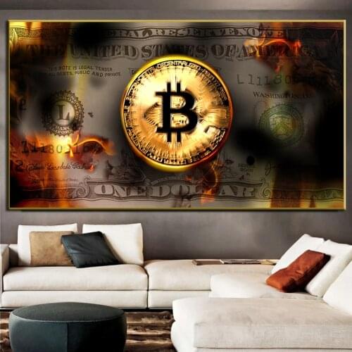 Abstract Burning Bitcoin Canvas Poster and Prints Modern Golden One Dollar Money Canvas Painting Wall Art Picture For Home Decor