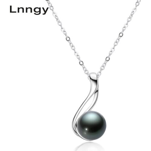 Lnngy 925 Sterling Silver Link Chain Necklace 9.5-10mm Tahitian Spiral Black Pearl Semi-baroque Necklace Women Jewelry Gifts