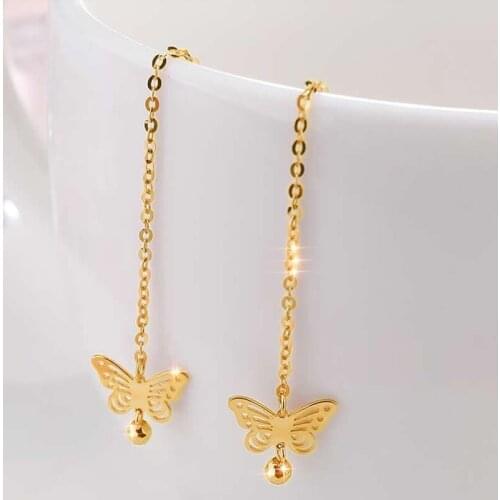 Pure 18K Gold Earrings elegant butterfly Long Link Dangle Earrings Stamp AU750