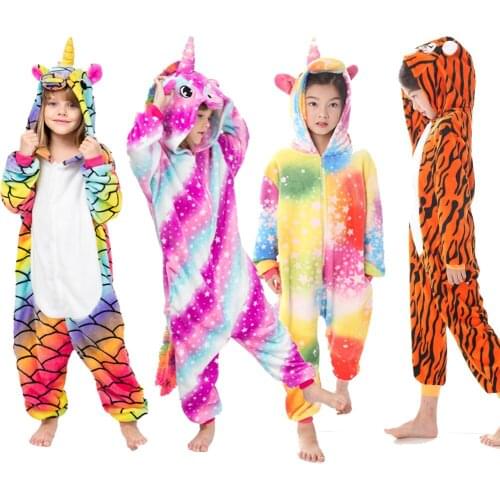 Kids Onesie Pajama Kigurumi Unicorn Hooded Pajamas Winter Warm Jumpsuit Sleepwear Teen Boys Pyjamas Suit Animal Cartoon Girl Pjs