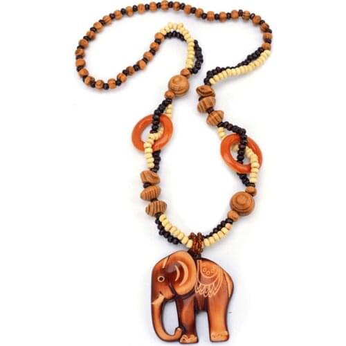 Ethnic Style Long Handmade Necklace Bead Wood Elephant Pendant Necklace Women Boho Jewelry