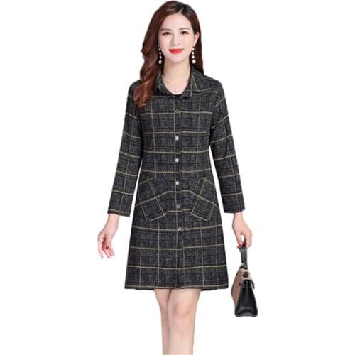 Elegant Womens Trench Coat 2020 Spring Autumn Lattice Coat Long Sleeve Single-breasted Long Windbreaker Outerwear Mother Dress