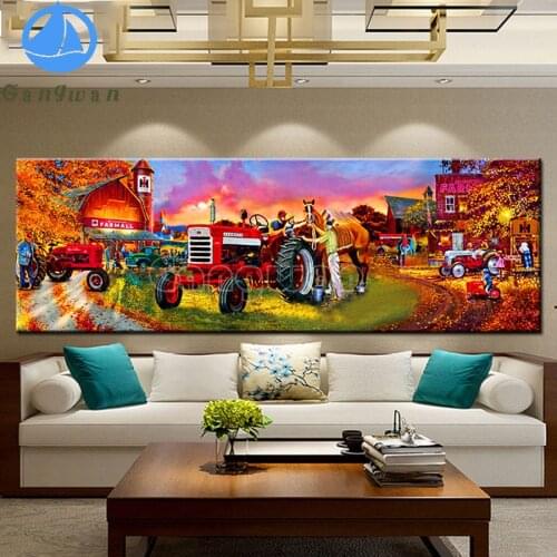 Farm Tractor scenery 5d Diy Diamond Painting Full Square round Drill Embroidery mosaic Harvest season Large size home decor