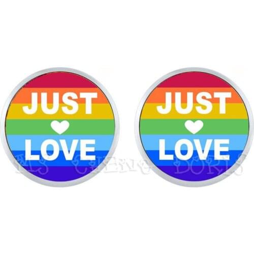 Just Love Rainbow Hypoallergenic Ear Nail For Women Men Gay Lesbian Pride With Rainbow Love Wins LGBT Glass Dome Stud Earrings
