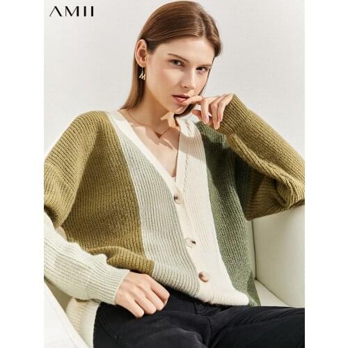 Amii Minimalism Autumn Cardigan For Women Elegant V Neck Contrast Thicken Sweaters Casual Loose Female Knitted Tops 12140722