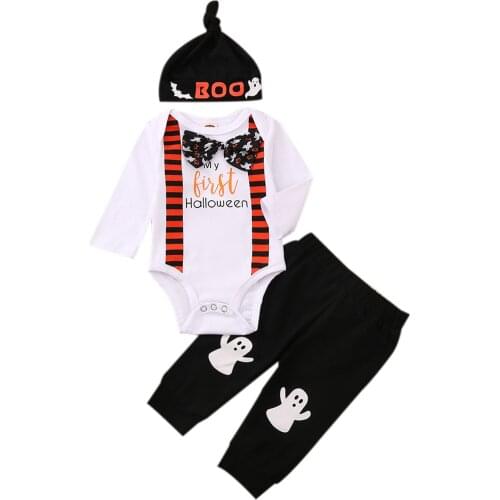 3Pcs Baby Clothes Halloween Outfit Letters Print Long Sleeves Romper Ghost Print Pants Hat For Toddler Boys Childrens Clothing