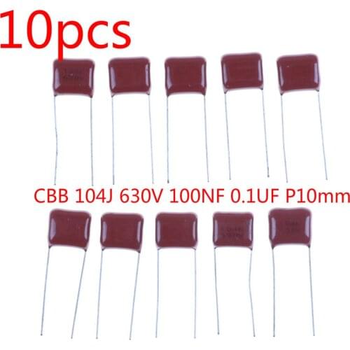 10pcs CBB 104J 630V 100NF 0.1UF P10mm Metallized Film Capacitor 630V104J 104 630V
