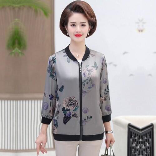 Middle-aged and Elderly Womens Coat Large Size Zipper Casual Jacket Spring Autumn print Thin Outerwear Female Tops Mother Dress
