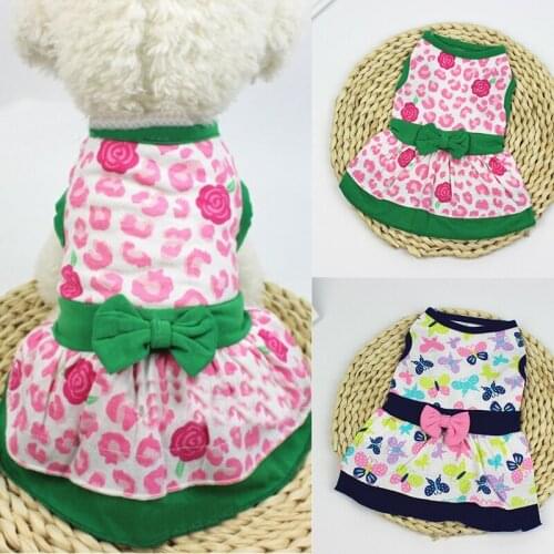 Pet Dress Flower Print Bow Cotton Cute Pet All Season Dog Costume Outfit Clothes Pet Streamer Princess Dress Cotton Dog Clothes