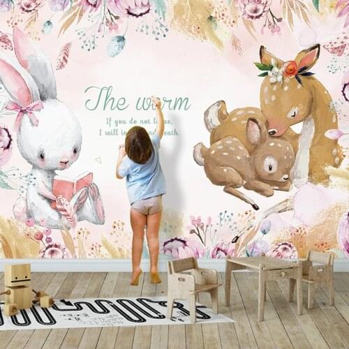 Custom Waterproof Mural Cartoon Cute 3D Pink Bunny Sika Deer Animal Wallpaper Childrens Room Background Self-Adhesive Stickers