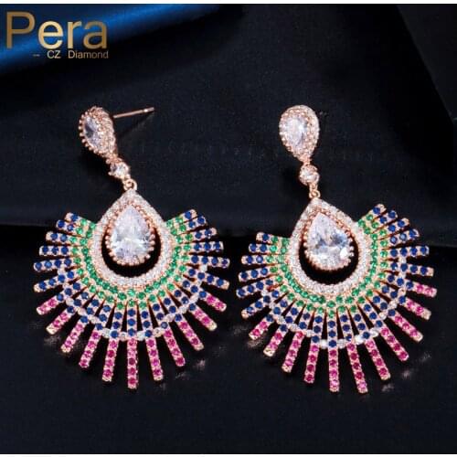 Pera Boho Mix Color Green Red Zirconia Paved Fan Shape Long Big Drop Women Earrings for Banquet Dancing Party Ear Jewelry E499