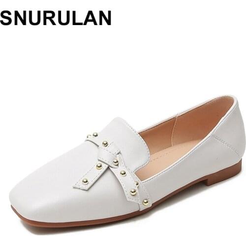 SNURULAN 2020 Women Fashion Rivet Belt Buckle Square Head Shoes Lady Comfortable Large Size Boat Shoes