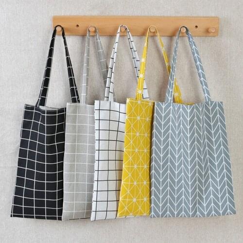 Shopper Bag Grocery Tote Bags Folding Portable Plaid Linen Cotton Canvas Shopping Shoulder Bags Eco-friendly Women 5 Colors
