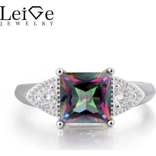 Leige Jewelry Real Mystic Topaz Ring Rainbow Topaz Ring Wedding Ring Princess Cut Rainbow Gemstone 925 Sterling Silver Gifts