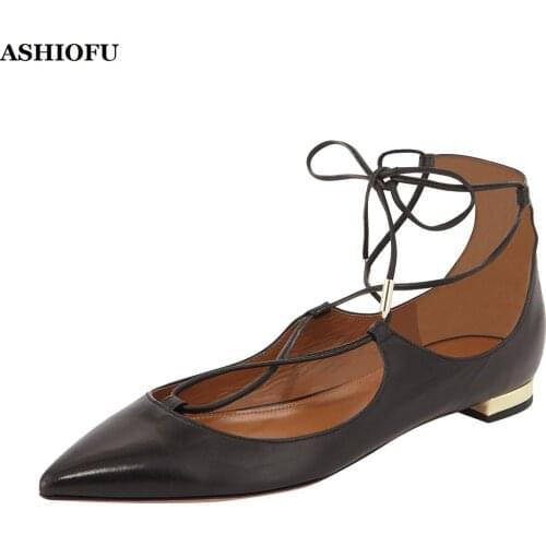 ASHIOFU New Classic Handmade 35-47 Womens Flat Shoes Shoelace Ankle Strap Ballets Shoes Daily Wear Fashion Flats Shoes Six-color