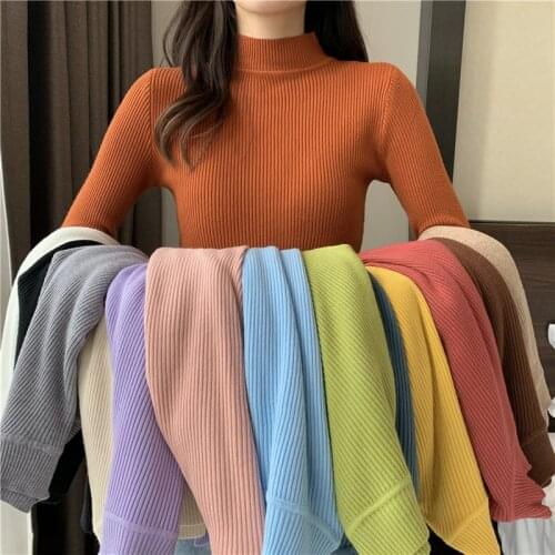 2020 Autumn Winter Stretch Women Sweater Knitted Femme Pull Pullovers soft Long Sleeve Korean Slim Tight Sweater Elastic Tops