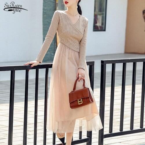 Stitching Fake Two Pieces of Medium-length Gentle Inner Mesh Dress Spring 2021 Slim Knit Bottom Dress Female Vestido Mujer 13275